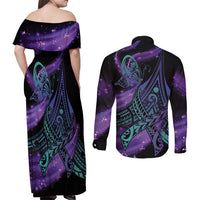 In September We Wear Teal And Purple Couples Matching Off Shoulder Maxi Dress and Long Sleeve Button Shirt Magic Ribbon Semicolon LT01 - Polynesian Pride