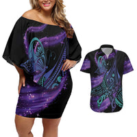 In September We Wear Teal And Purple Couples Matching Off Shoulder Short Dress and Hawaiian Shirt Magic Ribbon Semicolon LT01 Purple - Polynesian Pride