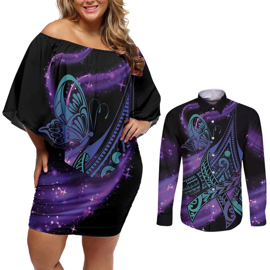 In September We Wear Teal And Purple Couples Matching Off Shoulder Short Dress and Long Sleeve Button Shirt Magic Ribbon Semicolon LT01 Purple - Polynesian Pride