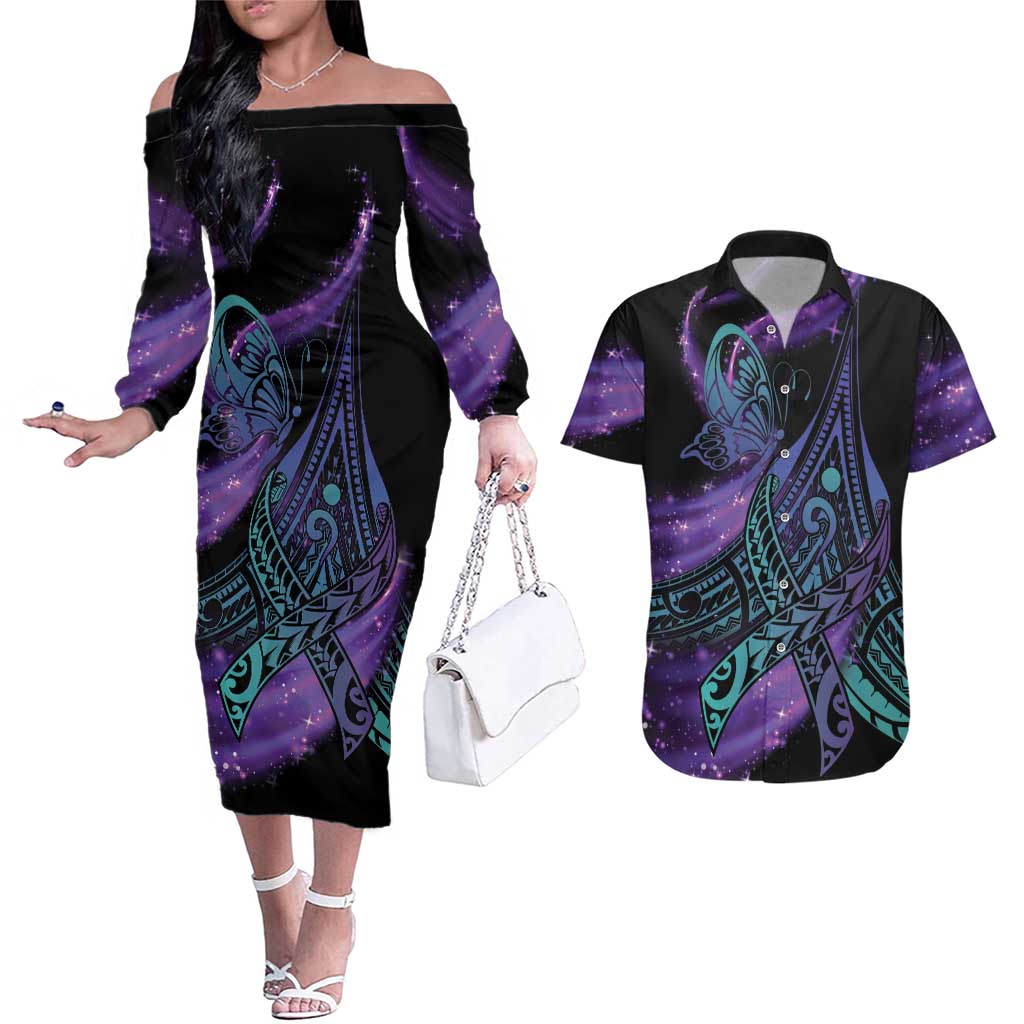 In September We Wear Teal And Purple Couples Matching Off The Shoulder Long Sleeve Dress and Hawaiian Shirt Magic Ribbon Semicolon