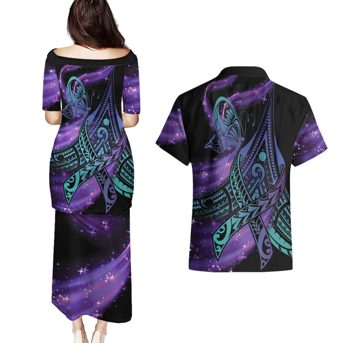 In September We Wear Teal And Purple Couples Matching Puletasi and Hawaiian Shirt Magic Ribbon Semicolon LT01 - Polynesian Pride