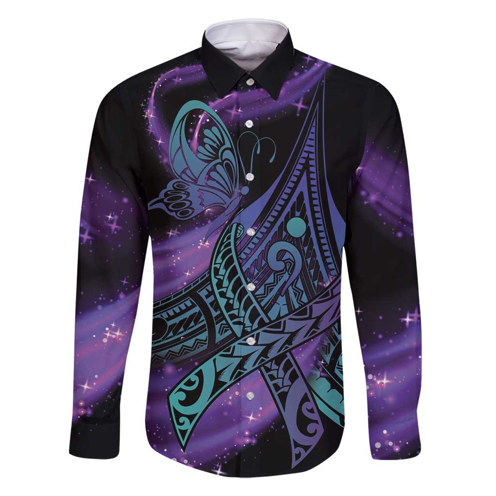 In September We Wear Teal And Purple Family Matching Long Sleeve Bodycon Dress and Hawaiian Shirt Magic Ribbon Semicolon LT01 Dad's Shirt - Long Sleeve Purple - Polynesian Pride