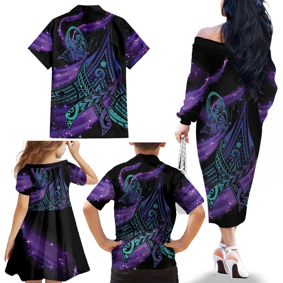 In September We Wear Teal And Purple Family Matching Off The Shoulder Long Sleeve Dress and Hawaiian Shirt Magic Ribbon Semicolon LT01 - Polynesian Pride