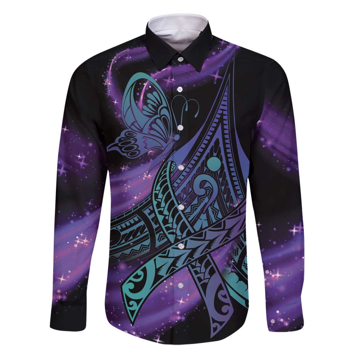 In September We Wear Teal And Purple Family Matching Off The Shoulder Long Sleeve Dress and Hawaiian Shirt Magic Ribbon Semicolon LT01 Dad's Shirt - Long Sleeve Purple - Polynesian Pride