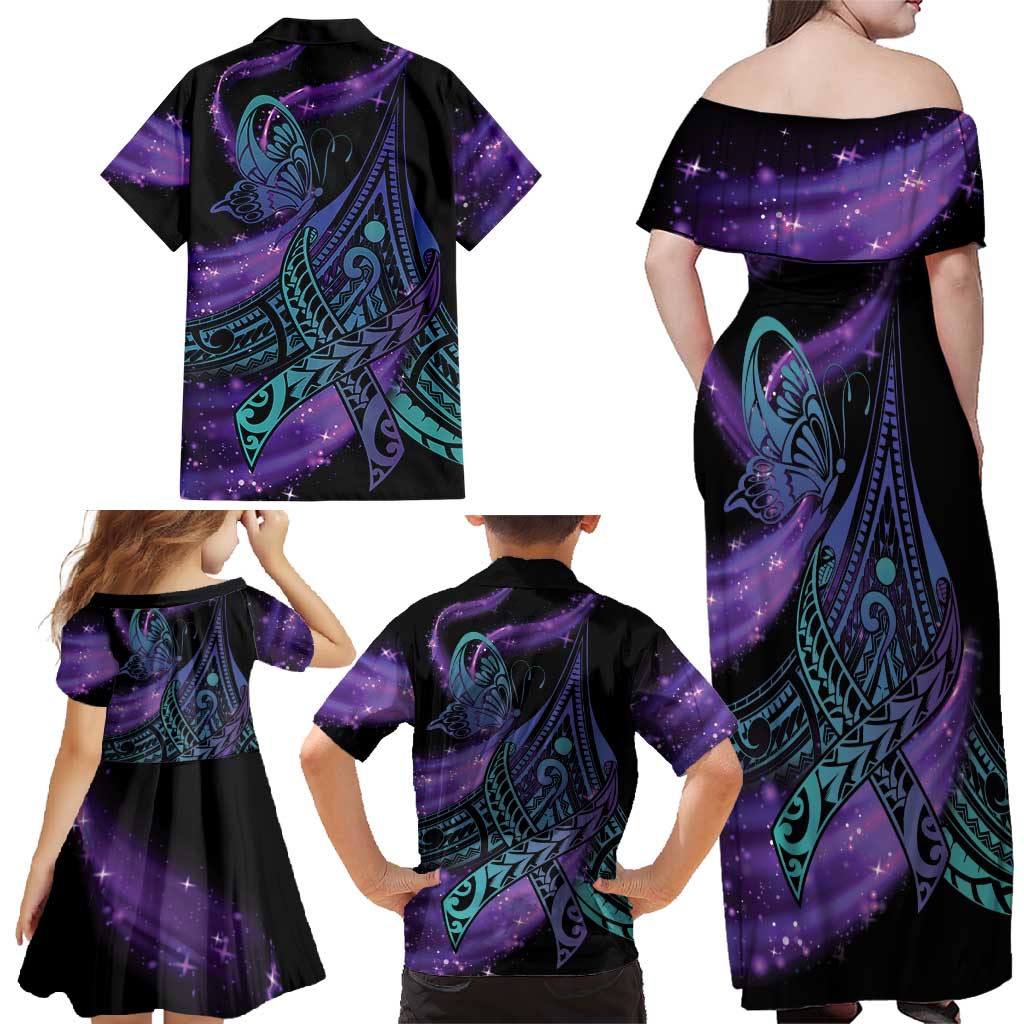 In September We Wear Teal And Purple Family Matching Off Shoulder Maxi Dress and Hawaiian Shirt Magic Ribbon Semicolon LT01 - Polynesian Pride