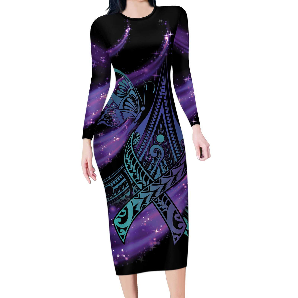 In September We Wear Teal And Purple Long Sleeve Bodycon Dress Magic Ribbon Semicolon LT01 Long Dress Purple - Polynesian Pride