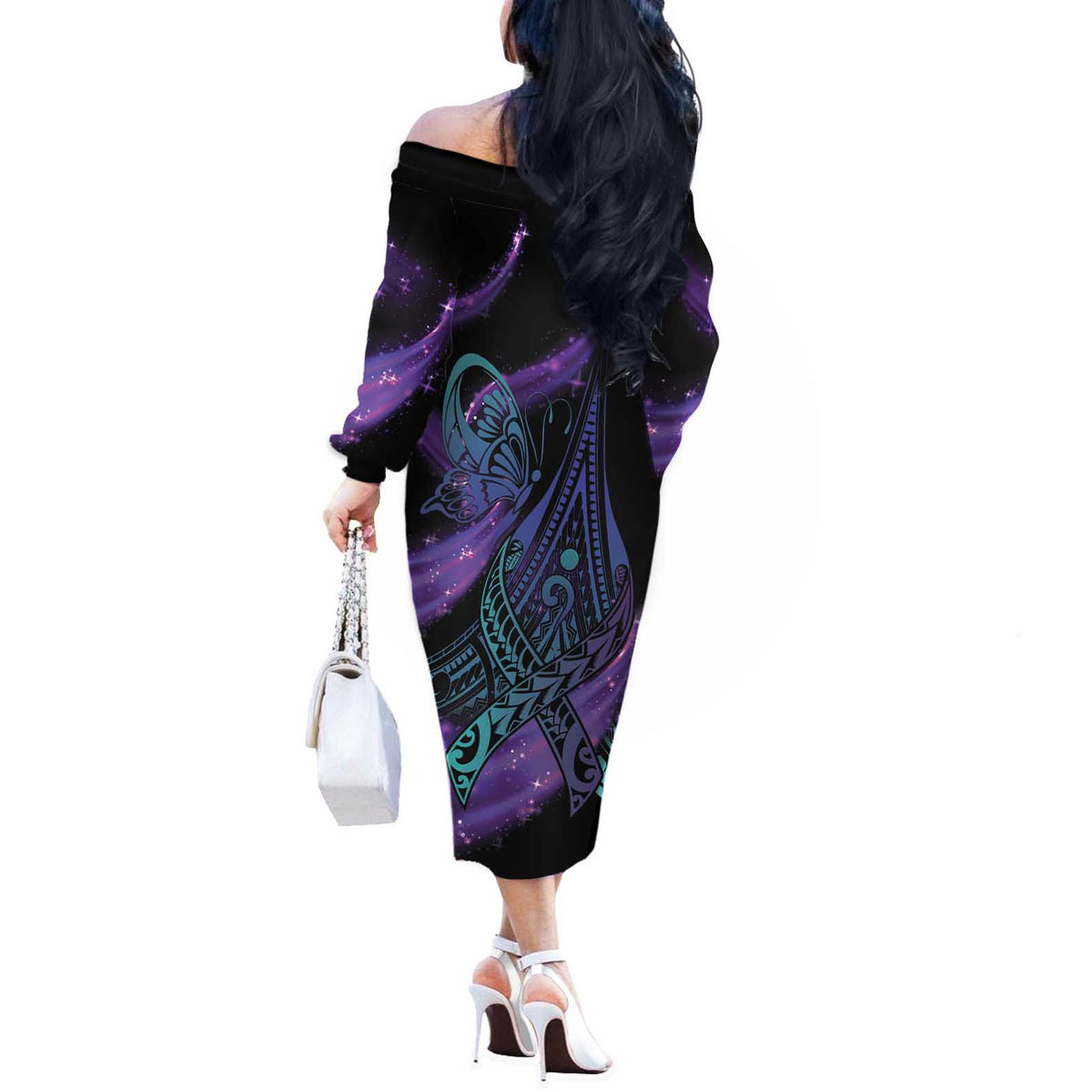 In September We Wear Teal And Purple Off The Shoulder Long Sleeve Dress Magic Ribbon Semicolon LT01 - Polynesian Pride