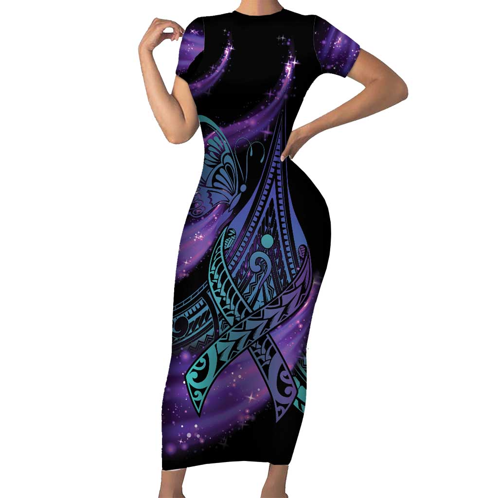 In September We Wear Teal And Purple Short Sleeve Bodycon Dress Magic Ribbon Semicolon LT01 Long Dress Purple - Polynesian Pride