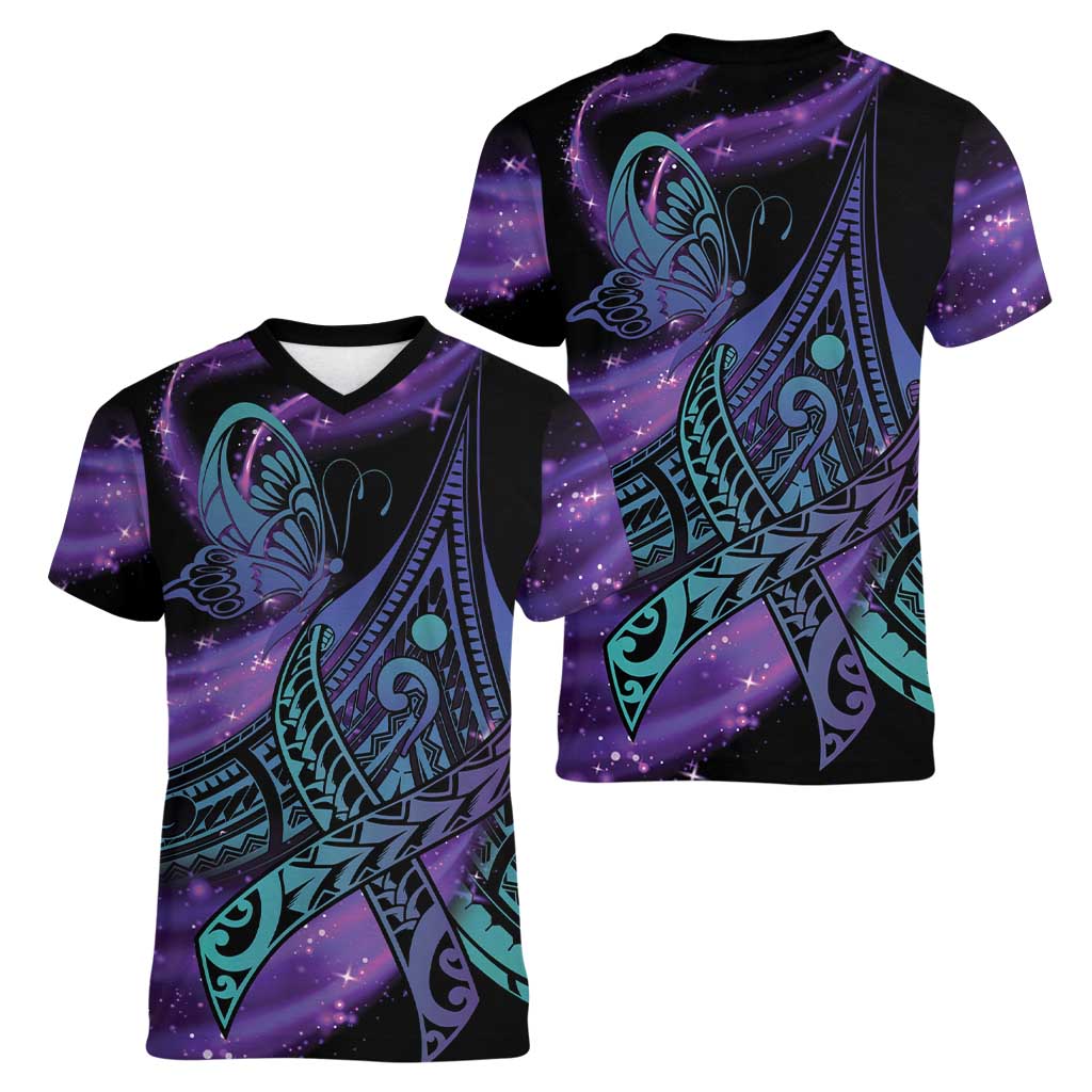 In September We Wear Teal And Purple Women V-Neck T-Shirt Magic Ribbon Semicolon LT01 - Polynesian Pride