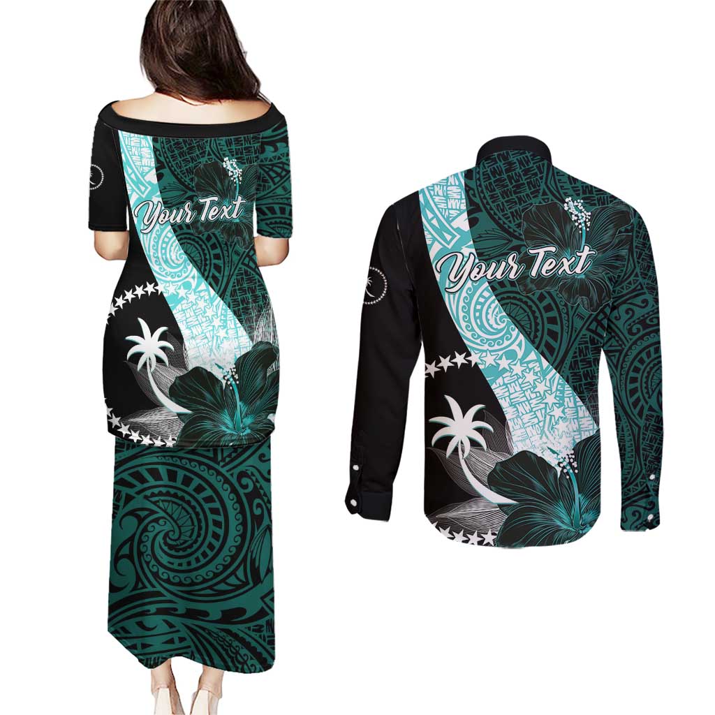 Chuuk Constitution Day Couples Matching Puletasi and Long Sleeve Button Shirt Hibiscus Turquoise Pattern