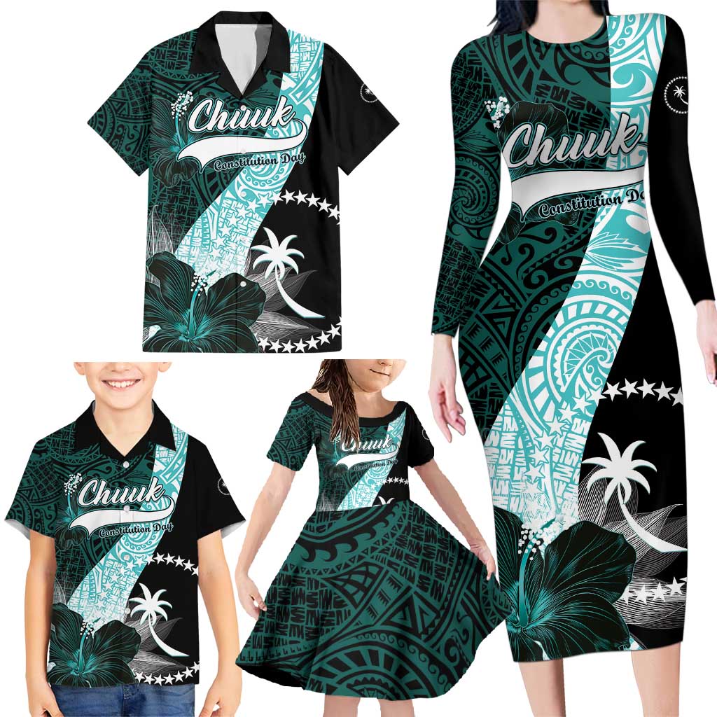 Chuuk Constitution Day Family Matching Long Sleeve Bodycon Dress and Hawaiian Shirt Hibiscus Turquoise Pattern LT01 - Polynesian Pride