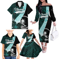 Chuuk Constitution Day Family Matching Off The Shoulder Long Sleeve Dress and Hawaiian Shirt Hibiscus Turquoise Pattern LT01 - Polynesian Pride