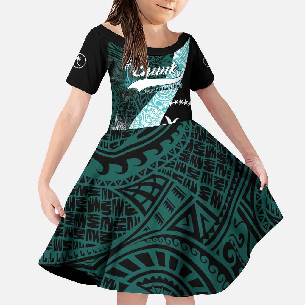 Chuuk Constitution Day Family Matching Off Shoulder Maxi Dress and Hawaiian Shirt Hibiscus Turquoise Pattern LT01 Daughter's Dress Turquoise - Polynesian Pride
