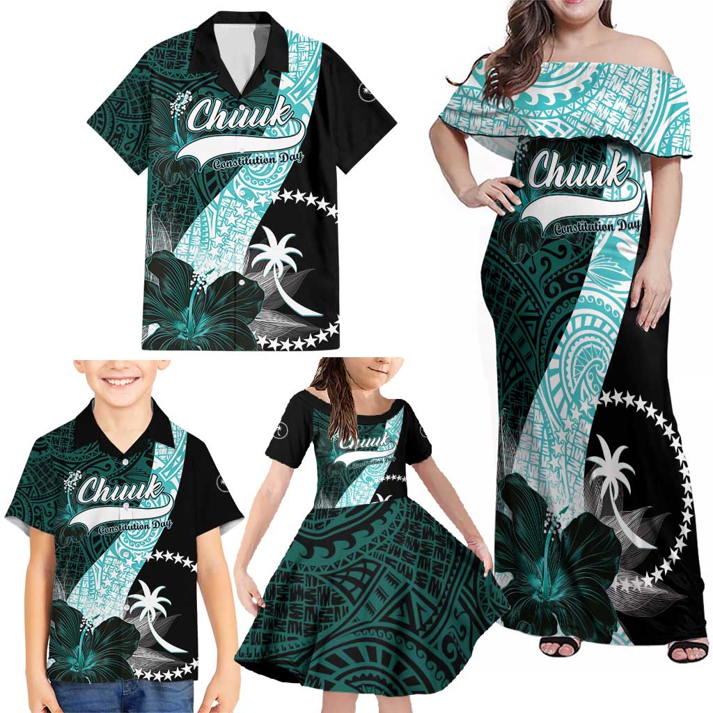 Chuuk Constitution Day Family Matching Off Shoulder Maxi Dress and Hawaiian Shirt Hibiscus Turquoise Pattern LT01 - Polynesian Pride