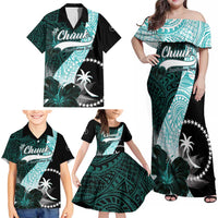 Chuuk Constitution Day Family Matching Off Shoulder Maxi Dress and Hawaiian Shirt Hibiscus Turquoise Pattern LT01 - Polynesian Pride