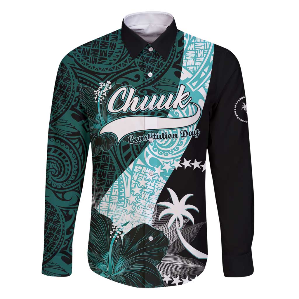 Chuuk Constitution Day Family Matching Off Shoulder Maxi Dress and Hawaiian Shirt Hibiscus Turquoise Pattern LT01 Dad's Shirt - Long Sleeve Turquoise - Polynesian Pride