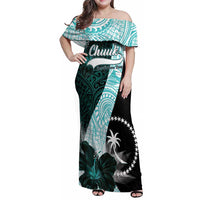 Chuuk Constitution Day Family Matching Off Shoulder Maxi Dress and Hawaiian Shirt Hibiscus Turquoise Pattern LT01 Mom's Dress Turquoise - Polynesian Pride