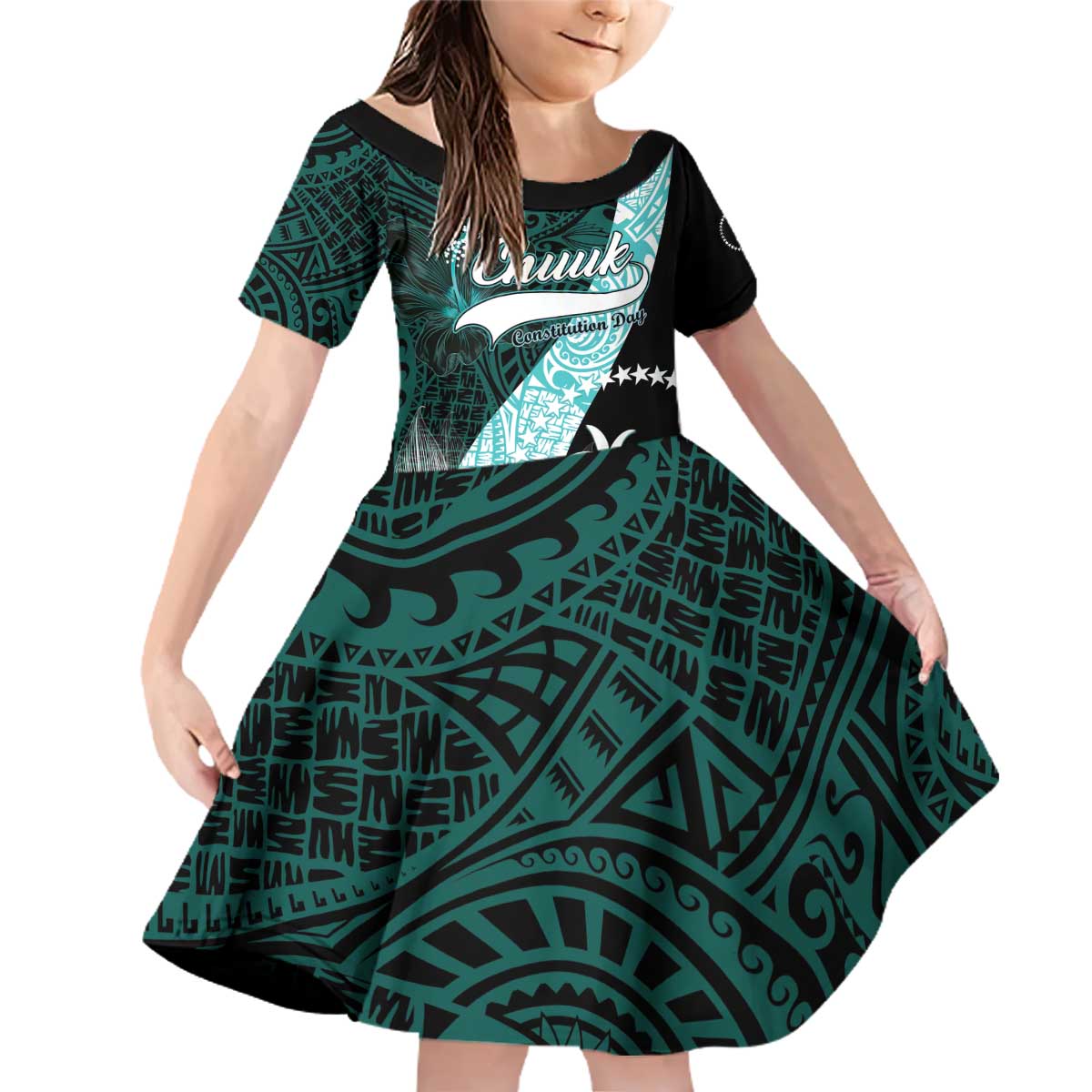 Chuuk Constitution Day Family Matching Off Shoulder Short Dress and Hawaiian Shirt Hibiscus Turquoise Pattern LT01 Daughter's Dress Turquoise - Polynesian Pride
