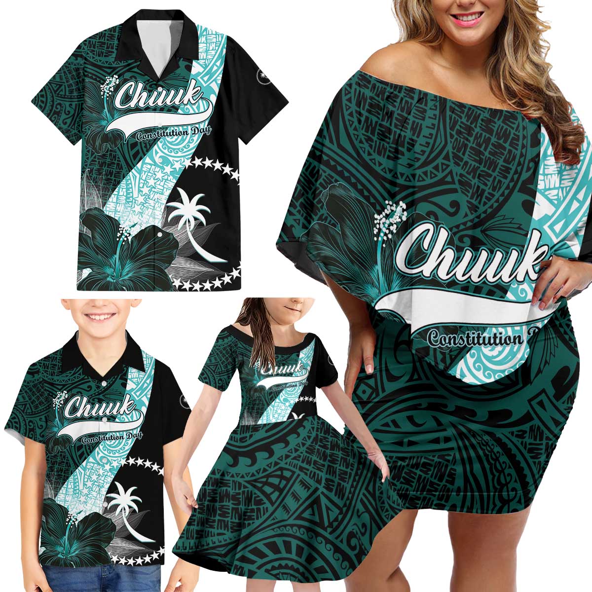 Chuuk Constitution Day Family Matching Off Shoulder Short Dress and Hawaiian Shirt Hibiscus Turquoise Pattern LT01 - Polynesian Pride