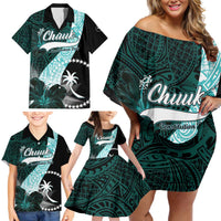 Chuuk Constitution Day Family Matching Off Shoulder Short Dress and Hawaiian Shirt Hibiscus Turquoise Pattern LT01 - Polynesian Pride