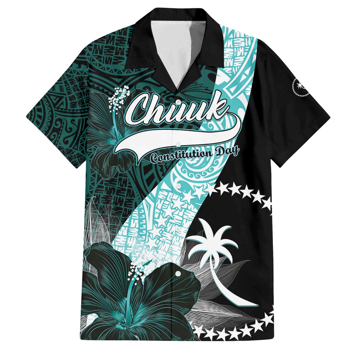 Chuuk Constitution Day Family Matching Off Shoulder Short Dress and Hawaiian Shirt Hibiscus Turquoise Pattern LT01 Dad's Shirt - Short Sleeve Turquoise - Polynesian Pride