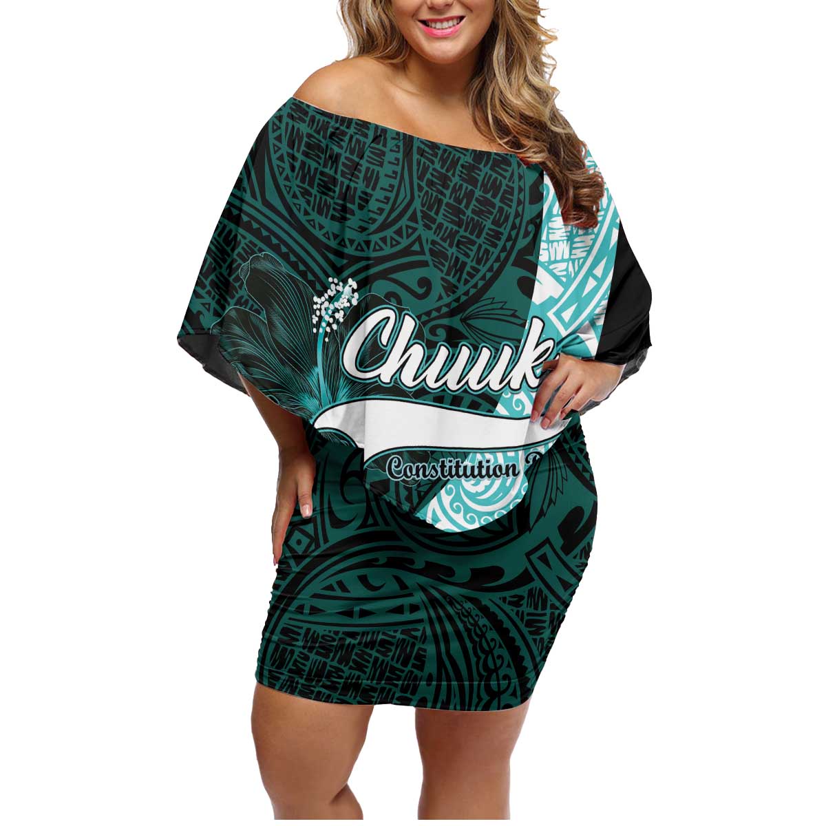 Chuuk Constitution Day Family Matching Off Shoulder Short Dress and Hawaiian Shirt Hibiscus Turquoise Pattern LT01 Mom's Dress Turquoise - Polynesian Pride