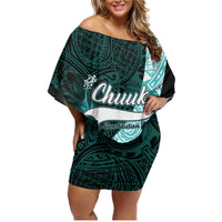 Chuuk Constitution Day Family Matching Off Shoulder Short Dress and Hawaiian Shirt Hibiscus Turquoise Pattern LT01 Mom's Dress Turquoise - Polynesian Pride