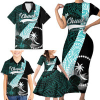 Chuuk Constitution Day Family Matching Short Sleeve Bodycon Dress and Hawaiian Shirt Hibiscus Turquoise Pattern LT01 - Polynesian Pride