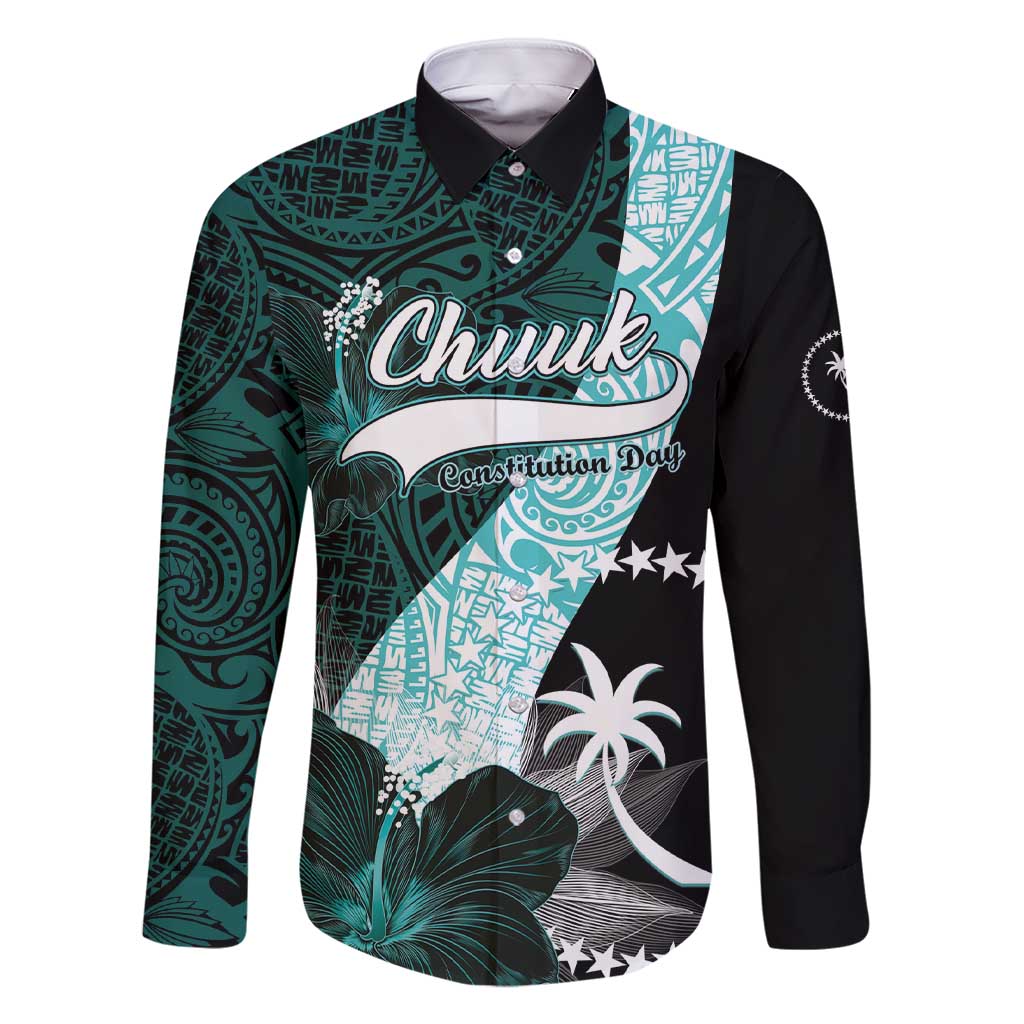 Chuuk Constitution Day Family Matching Short Sleeve Bodycon Dress and Hawaiian Shirt Hibiscus Turquoise Pattern LT01 Dad's Shirt - Long Sleeve Turquoise - Polynesian Pride