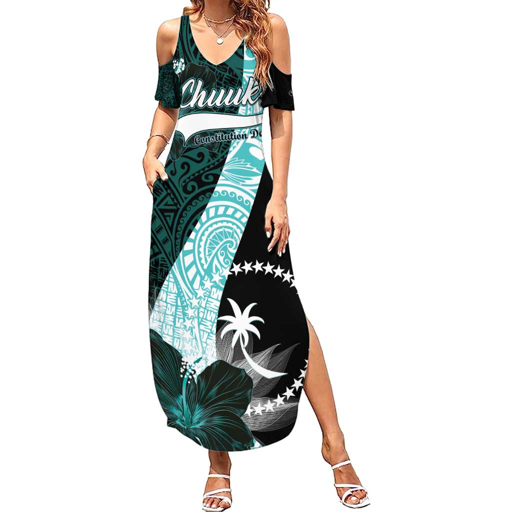 Chuuk Constitution Day Family Matching Summer Maxi Dress and Hawaiian Shirt Hibiscus Turquoise Pattern LT01 Mom's Dress Turquoise - Polynesian Pride