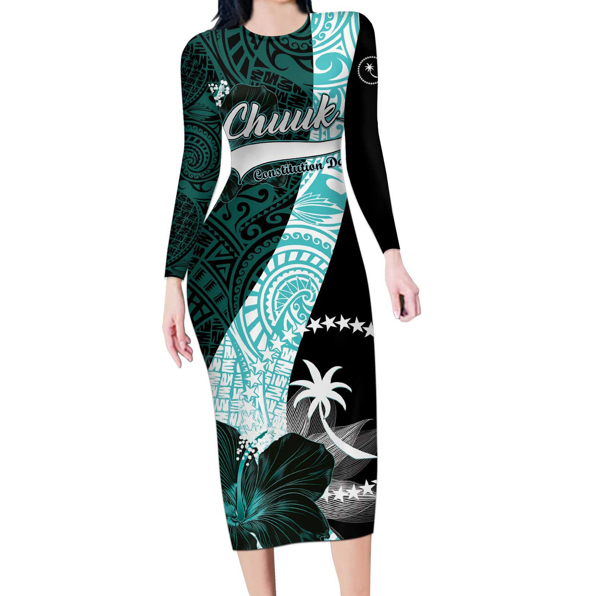 Chuuk Constitution Day Long Sleeve Bodycon Dress Hibiscus Turquoise Pattern LT01 Long Dress Turquoise - Polynesian Pride