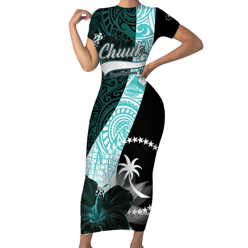 Chuuk Constitution Day Short Sleeve Bodycon Dress Hibiscus Turquoise Pattern LT01 Long Dress Turquoise - Polynesian Pride