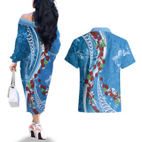 Fiji Tagimaucia Floral Couples Matching Off The Shoulder Long Sleeve Dress and Hawaiian Shirt Tapa Pattern