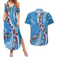 Fiji Tagimaucia Floral Couples Matching Summer Maxi Dress and Hawaiian Shirt Tapa Pattern LT01 Blue - Polynesian Pride