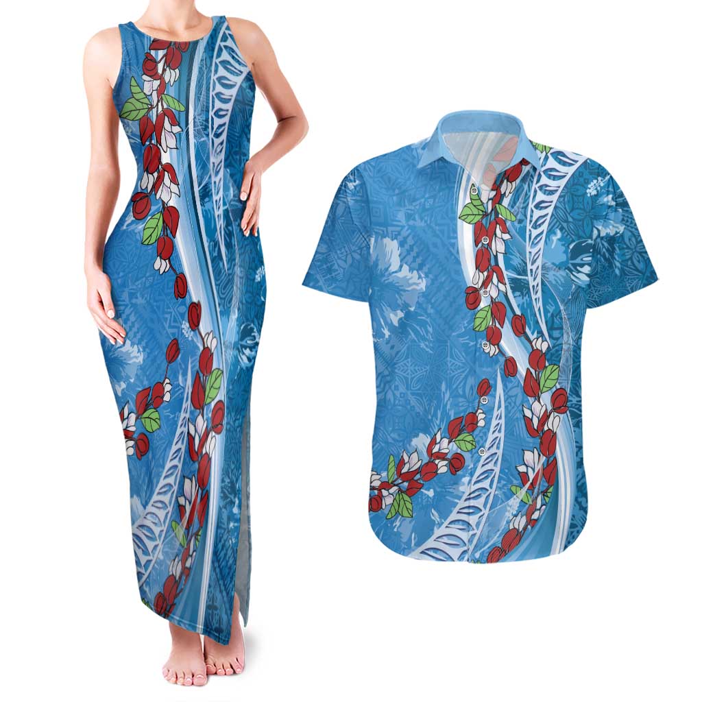 Fiji Tagimaucia Floral Couples Matching Tank Maxi Dress and Hawaiian Shirt Tapa Pattern LT01 Blue - Polynesian Pride