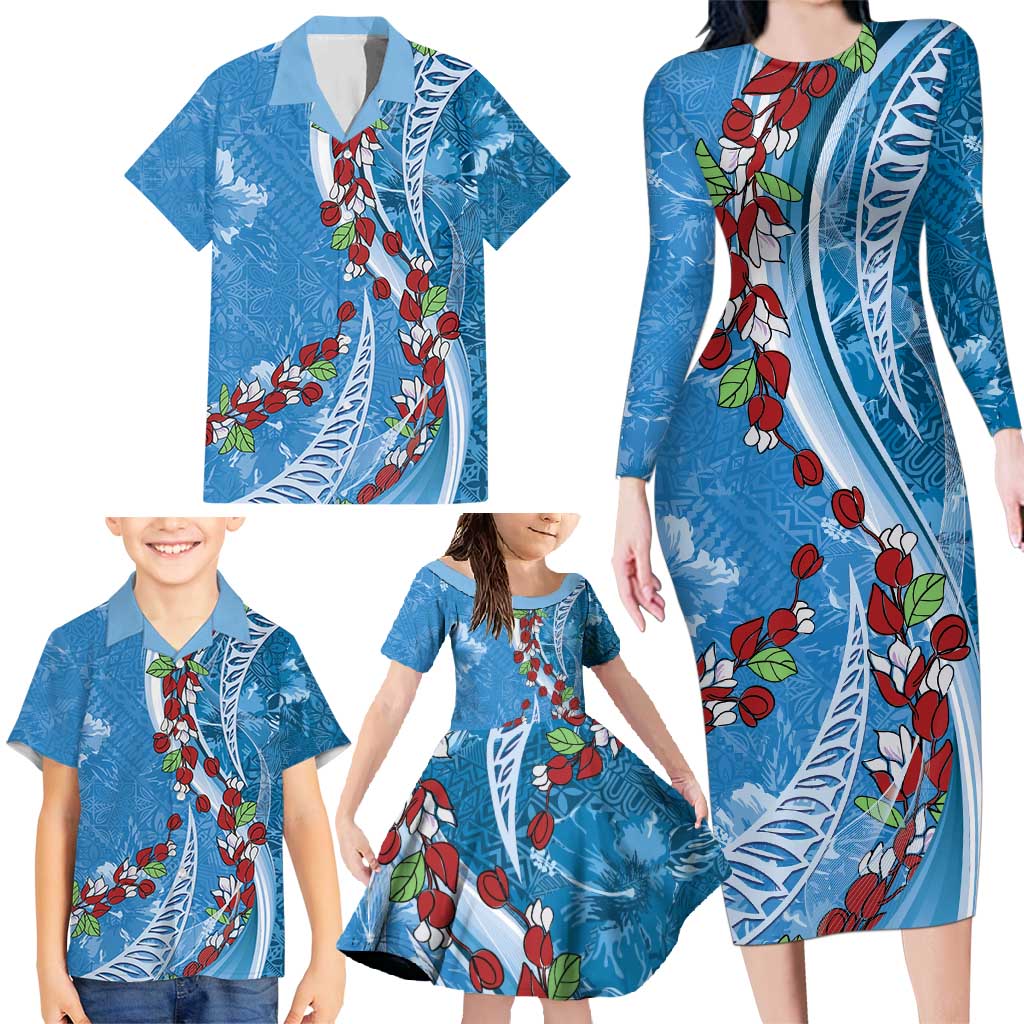 Fiji Tagimaucia Floral Family Matching Long Sleeve Bodycon Dress and Hawaiian Shirt Tapa Pattern LT01 - Polynesian Pride