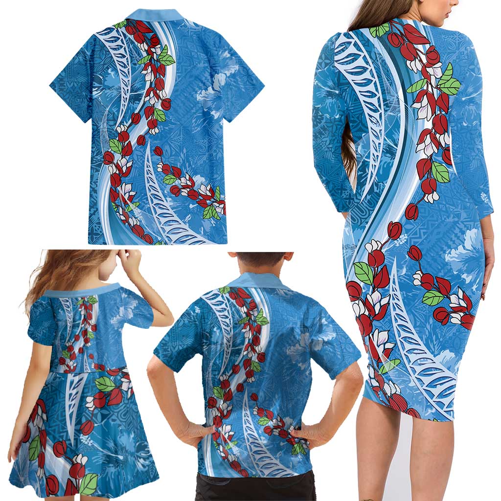 Fiji Tagimaucia Floral Family Matching Long Sleeve Bodycon Dress and Hawaiian Shirt Tapa Pattern LT01 - Polynesian Pride