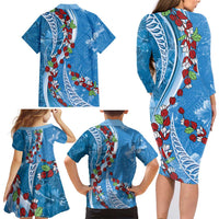 Fiji Tagimaucia Floral Family Matching Long Sleeve Bodycon Dress and Hawaiian Shirt Tapa Pattern LT01 - Polynesian Pride