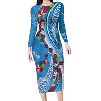 Fiji Tagimaucia Floral Family Matching Long Sleeve Bodycon Dress and Hawaiian Shirt Tapa Pattern LT01 Mom's Dress Blue - Polynesian Pride
