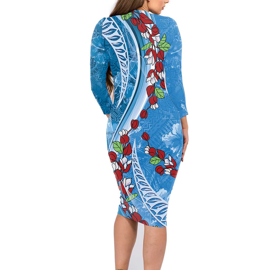 Fiji Tagimaucia Floral Family Matching Long Sleeve Bodycon Dress and Hawaiian Shirt Tapa Pattern LT01 - Polynesian Pride