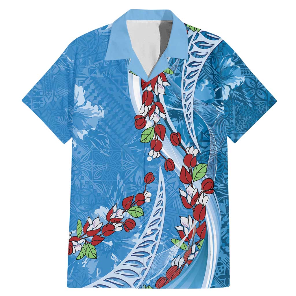 Fiji Tagimaucia Floral Family Matching Mermaid Dress and Hawaiian Shirt Tapa Pattern LT01 Dad's Shirt - Short Sleeve Blue - Polynesian Pride
