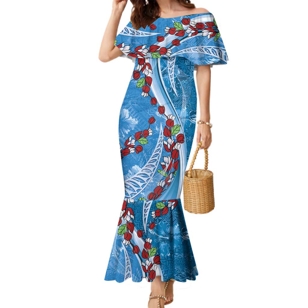 Fiji Tagimaucia Floral Family Matching Mermaid Dress and Hawaiian Shirt Tapa Pattern LT01 Mom's Dress Blue - Polynesian Pride