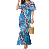Fiji Tagimaucia Floral Family Matching Mermaid Dress and Hawaiian Shirt Tapa Pattern LT01 Mom's Dress Blue - Polynesian Pride