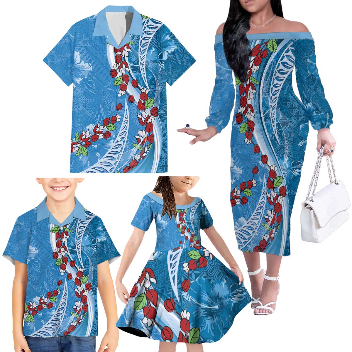 Fiji Tagimaucia Floral Family Matching Off The Shoulder Long Sleeve Dress and Hawaiian Shirt Tapa Pattern LT01 - Polynesian Pride