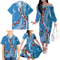 Fiji Tagimaucia Floral Family Matching Off The Shoulder Long Sleeve Dress and Hawaiian Shirt Tapa Pattern LT01 - Polynesian Pride
