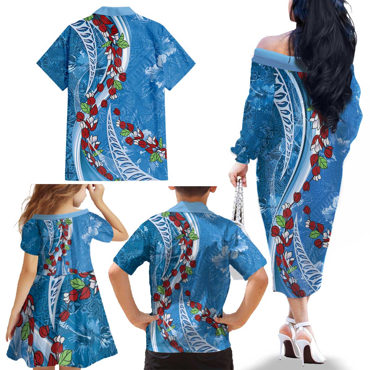Fiji Tagimaucia Floral Family Matching Off The Shoulder Long Sleeve Dress and Hawaiian Shirt Tapa Pattern LT01 - Polynesian Pride