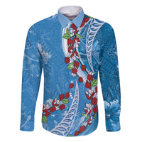Fiji Tagimaucia Floral Family Matching Off The Shoulder Long Sleeve Dress and Hawaiian Shirt Tapa Pattern LT01 Dad's Shirt - Long Sleeve Blue - Polynesian Pride