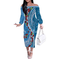 Fiji Tagimaucia Floral Family Matching Off The Shoulder Long Sleeve Dress and Hawaiian Shirt Tapa Pattern LT01 Mom's Dress Blue - Polynesian Pride