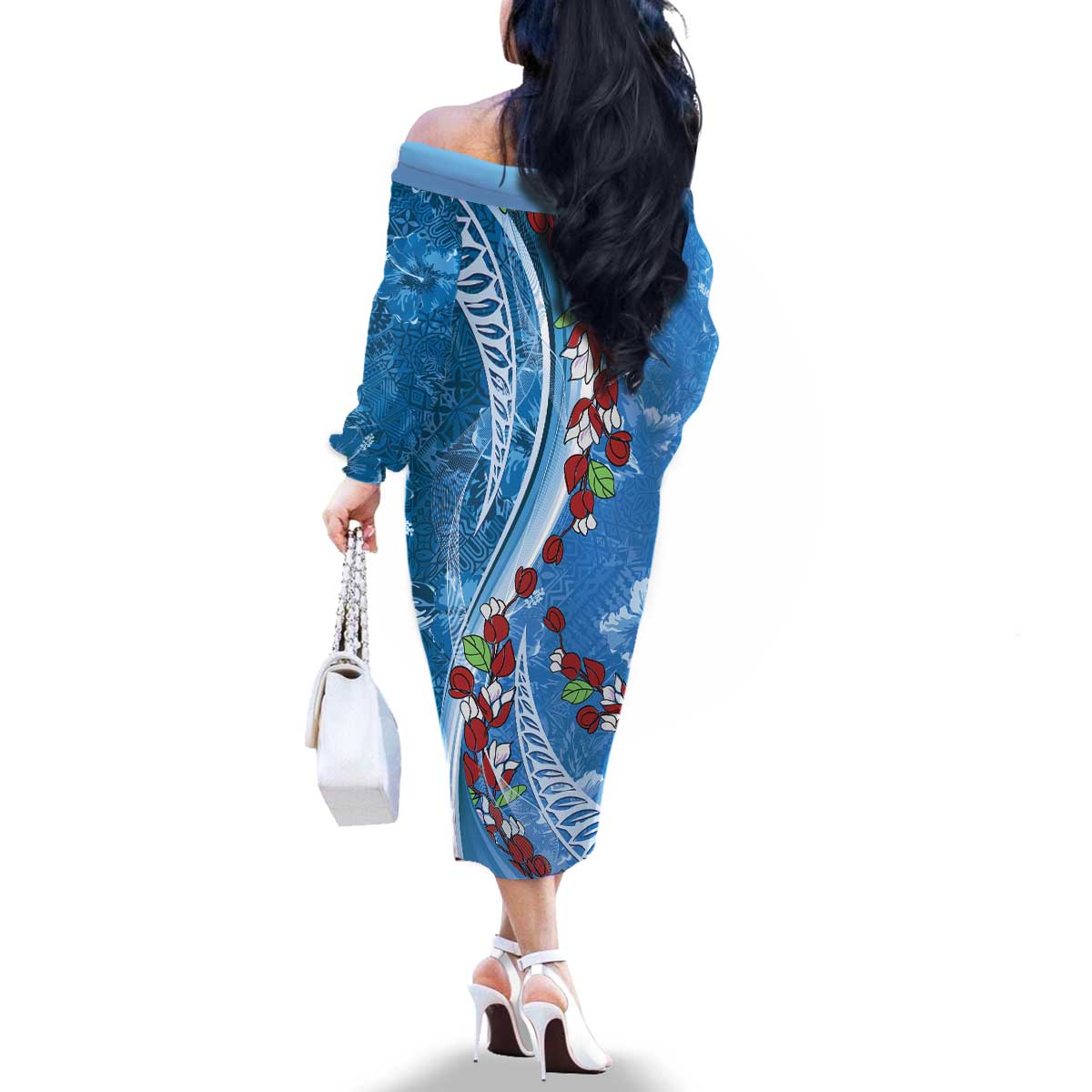 Fiji Tagimaucia Floral Family Matching Off The Shoulder Long Sleeve Dress and Hawaiian Shirt Tapa Pattern LT01 - Polynesian Pride