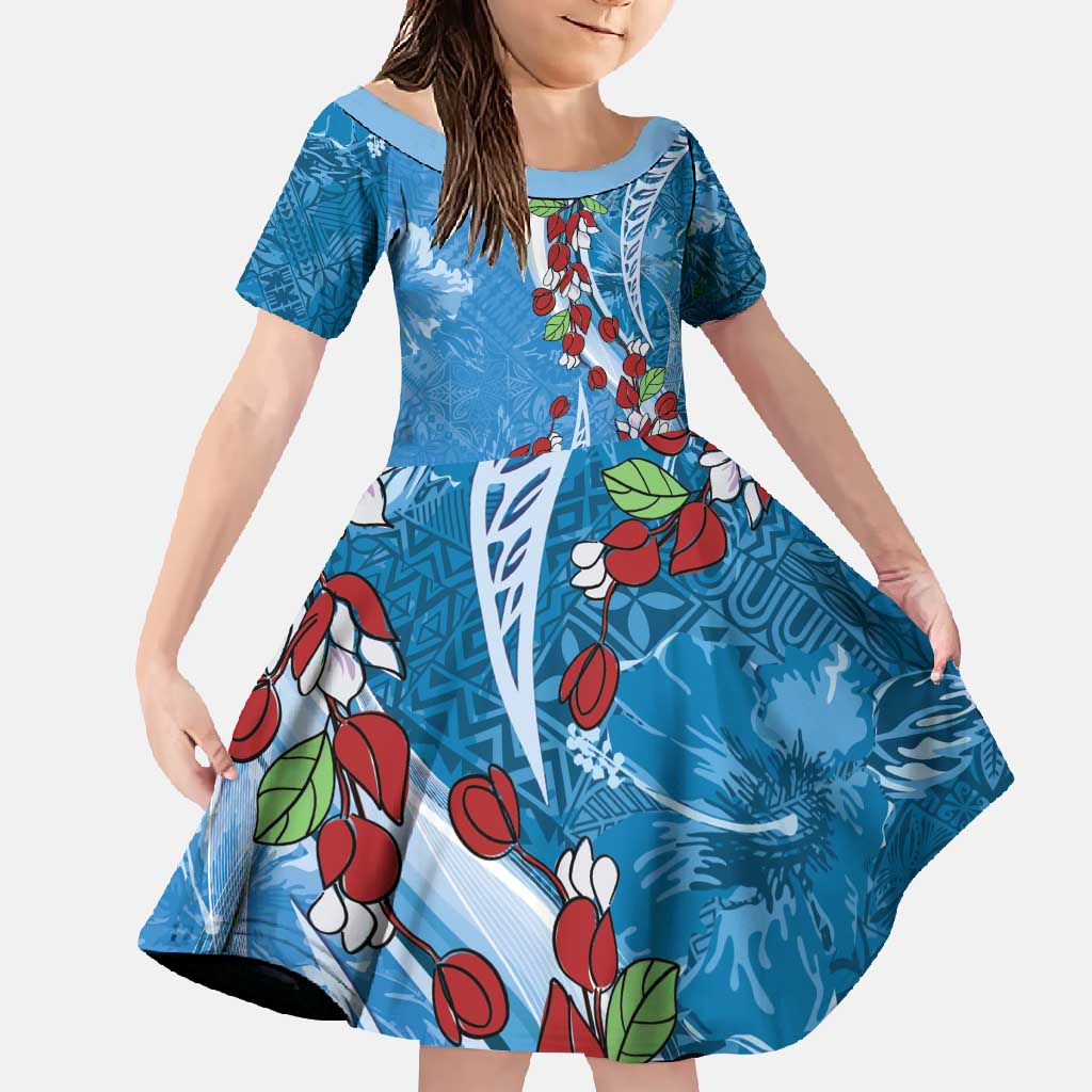 Fiji Tagimaucia Floral Family Matching Off Shoulder Maxi Dress and Hawaiian Shirt Tapa Pattern LT01 Daughter's Dress Blue - Polynesian Pride